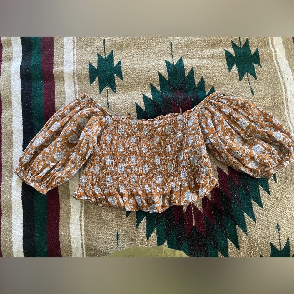 Daughters of India Burnt Orange and White Ruffled Crop Blouse